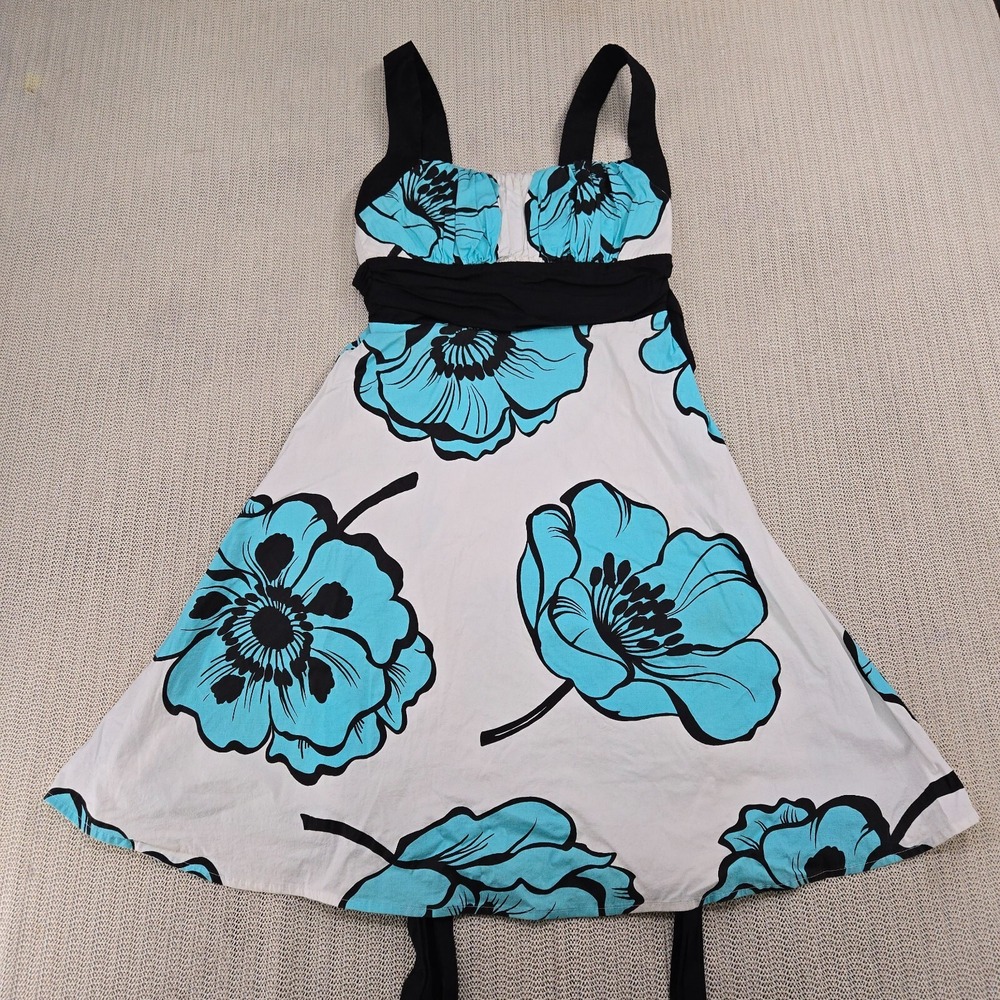Vintage B Darlin Dress Womens Size 7/8 White Blue Floral Sleeveless USA Made
